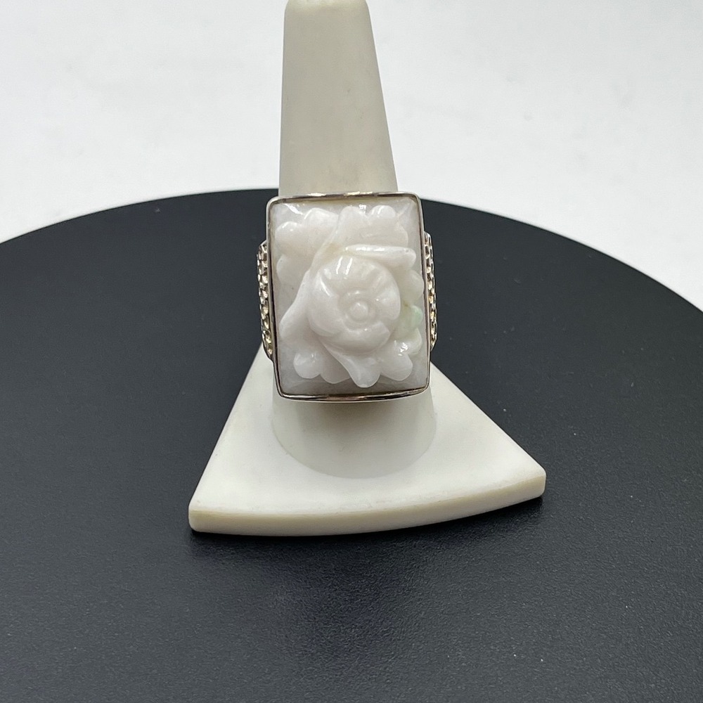 PJS 925 Sterling Carved White Jade Jadeite Rose Floral Ring Sz 10, 18 grams